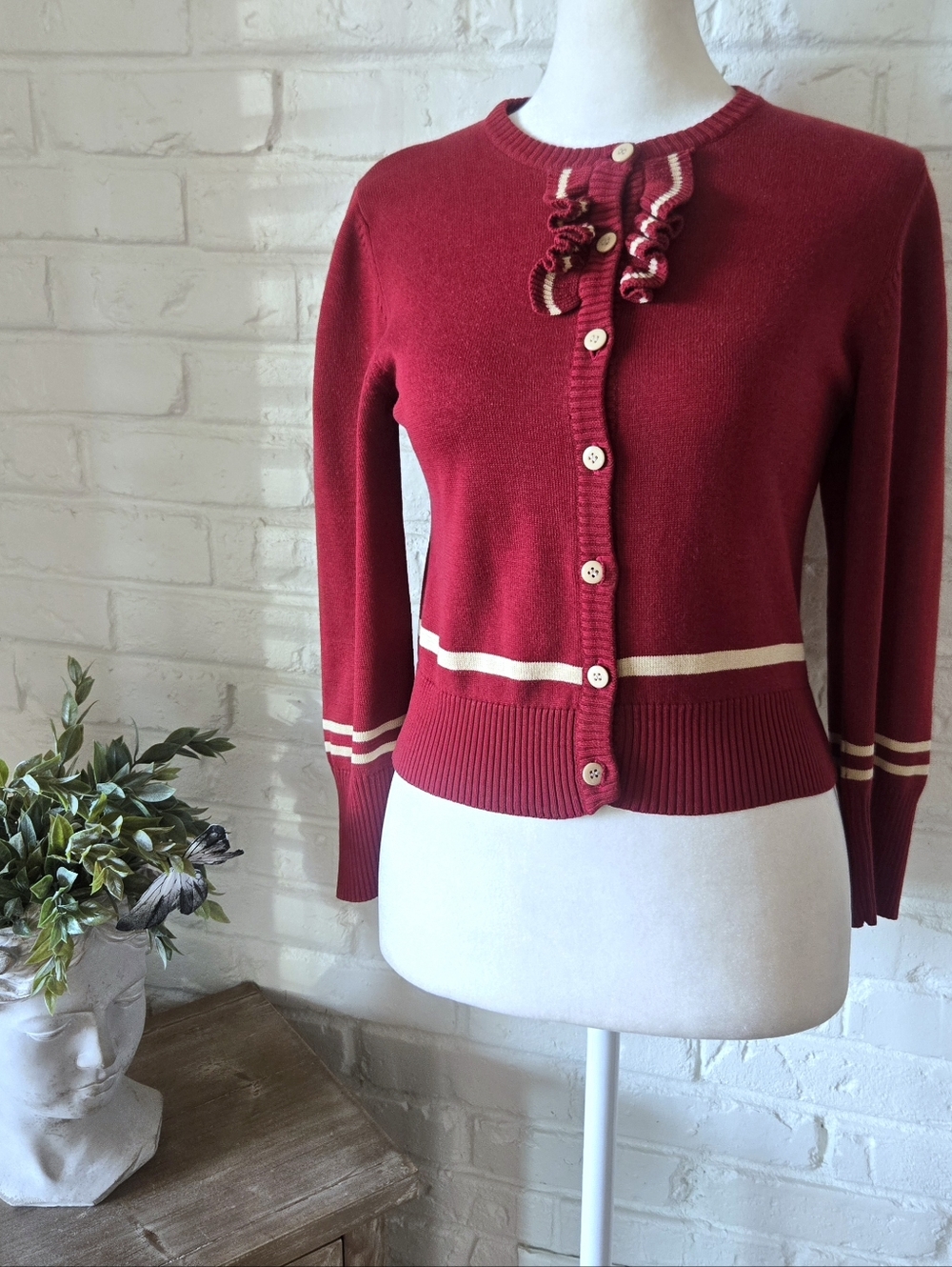 Vtg Y2k Cotton Cardigan Sweater, Stripe & Ruffle, S